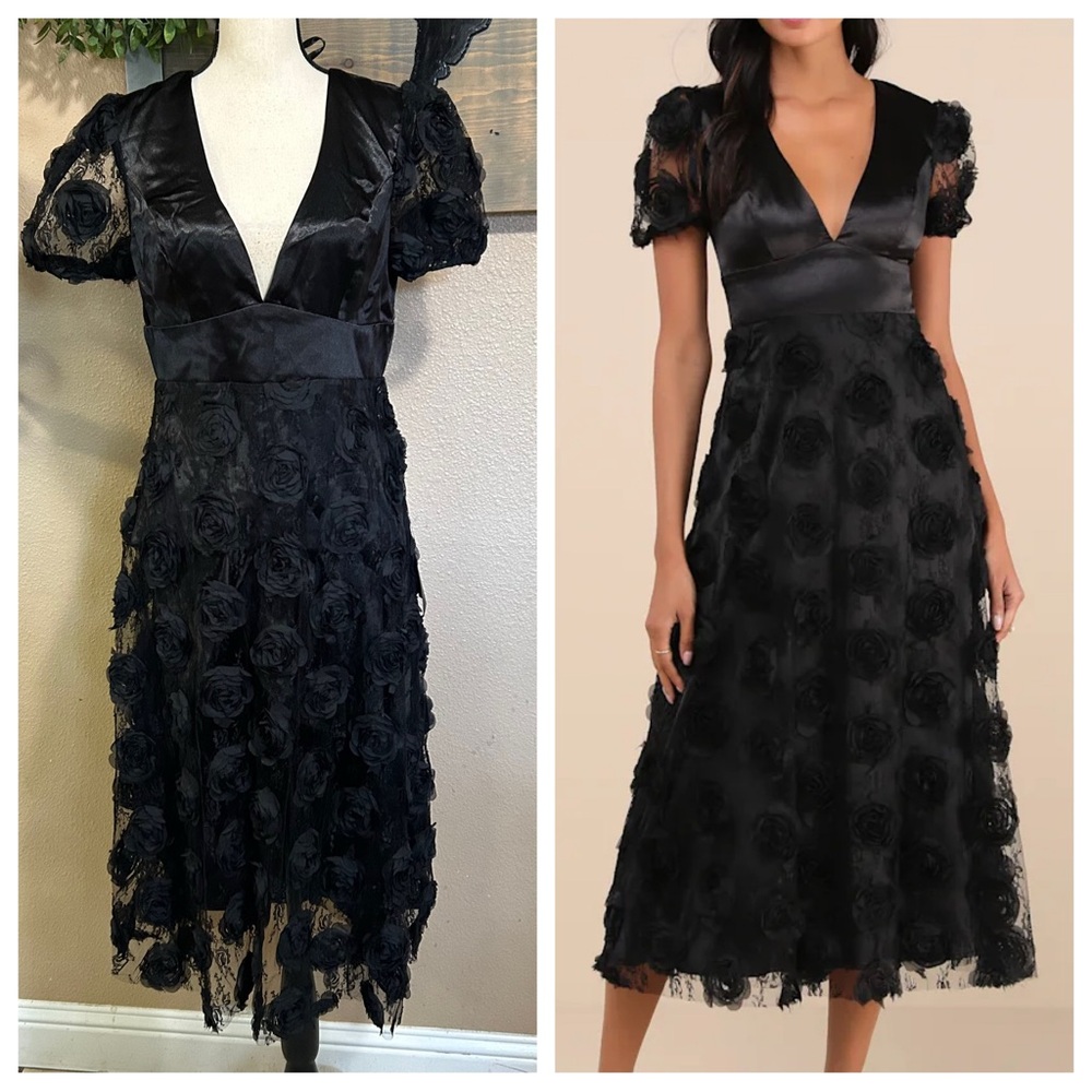 Lulu's Midnight Rose Black Midi Dress